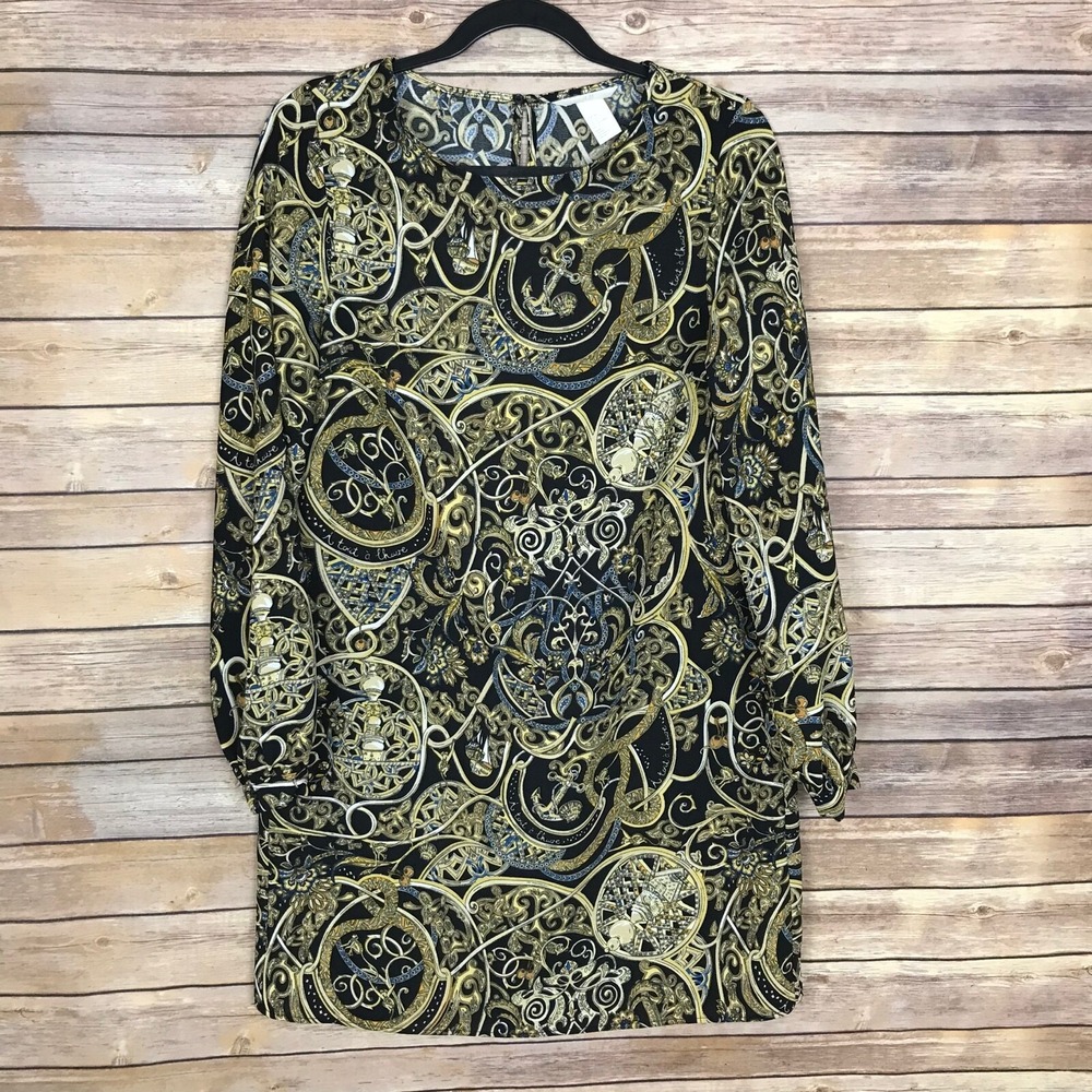 H&M Dress Womens 6 Gold Black Paisley Anchor Scoop Neck Shift Long Sleeve Woven